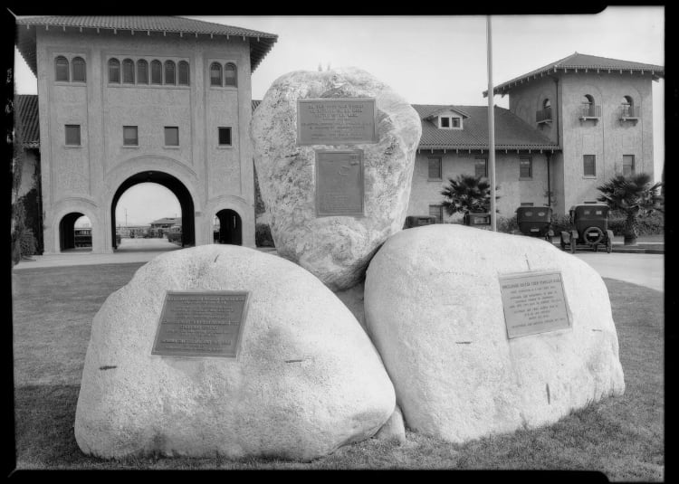 Historic image of the Battle of La MEsa Monument in front of the Union-Pacific administration building.